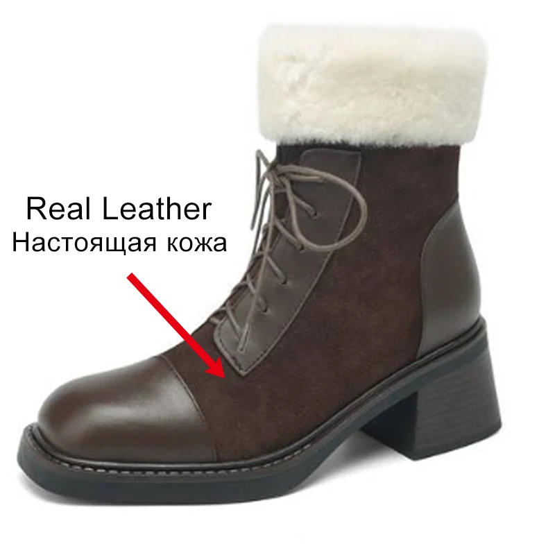 Women's Mid-Calf Leather Winter Snow Boots with High Heel and Zipper