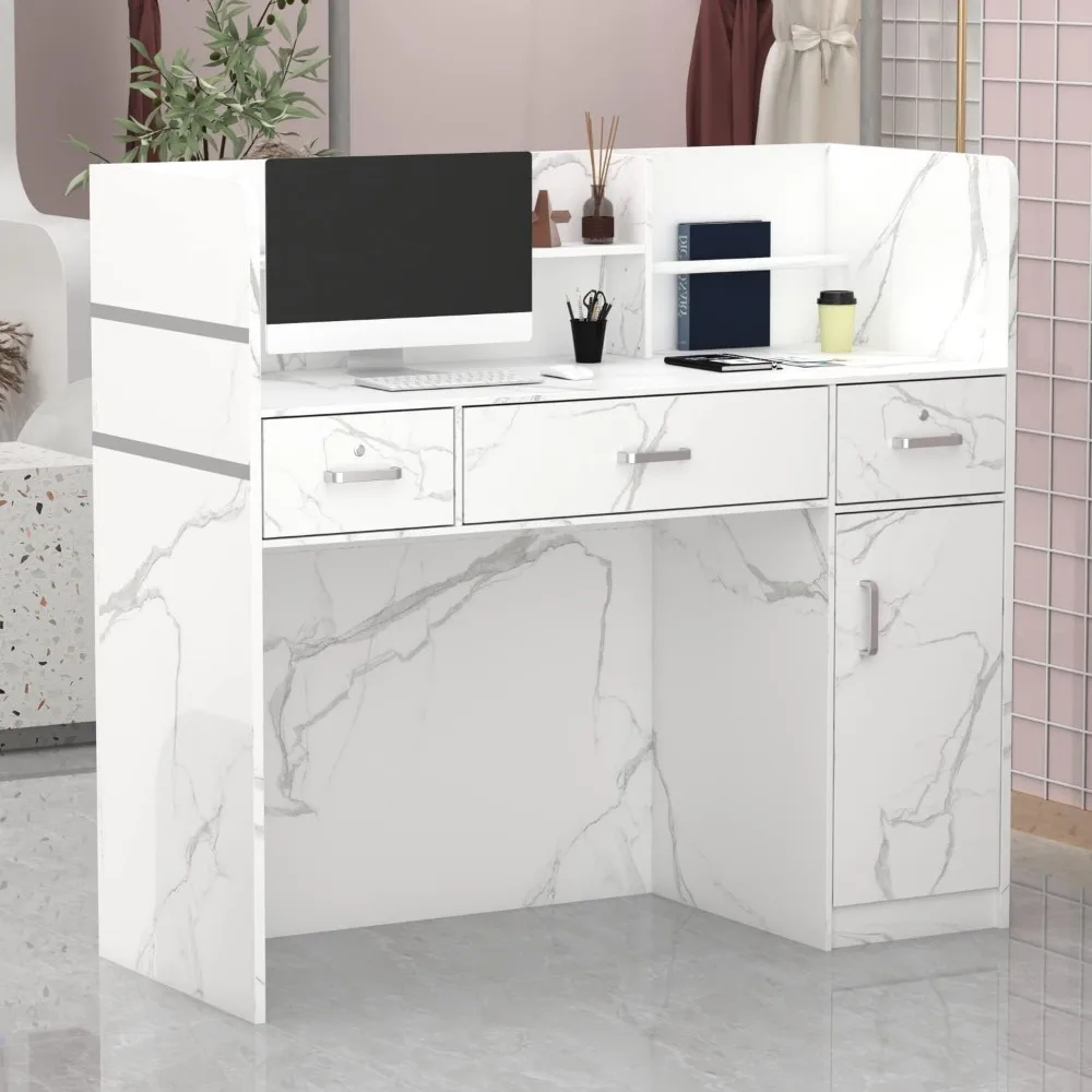 

Reception Desk Reception Stations with Open Shelf & Drawers, Wooden Counter Desk with Lockable Drawer for Office Reception