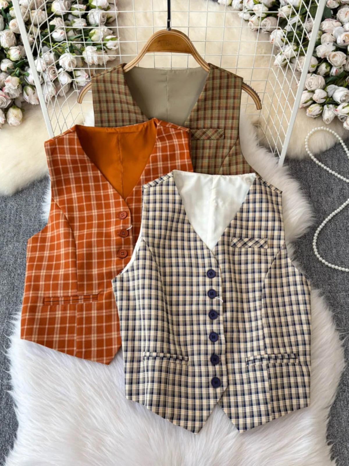 

Busin Casual Women's Vest Spring Summer Plaid ort Briti Sle Commute Outerwear Slim Fit Svel oulder Pad