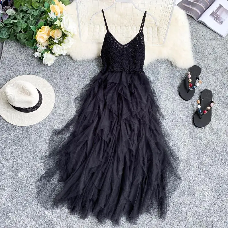 French Elegant Knitted V-neck Open Back Slip Dress Women\'s Summer Spliced Irregular Design Layer Tulle A-line Cake Dresses