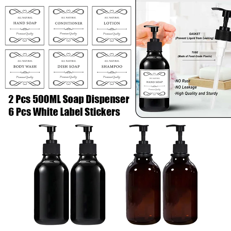 2 Color Soap Dispenser Shampoo Conditioner Dispenser with 6 White Waterproof Labels for Bathroom Bedroom Office Kitchen Sink