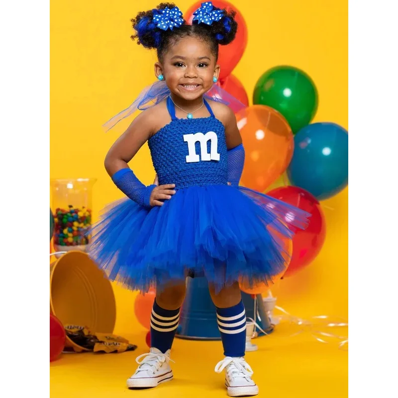 Halloween Kids Cute M Chocolate Candy Cosplay Costume Christmas Cute Girl Green Yellow Blue Colorful Soft Tulle Dance Tutu Dress