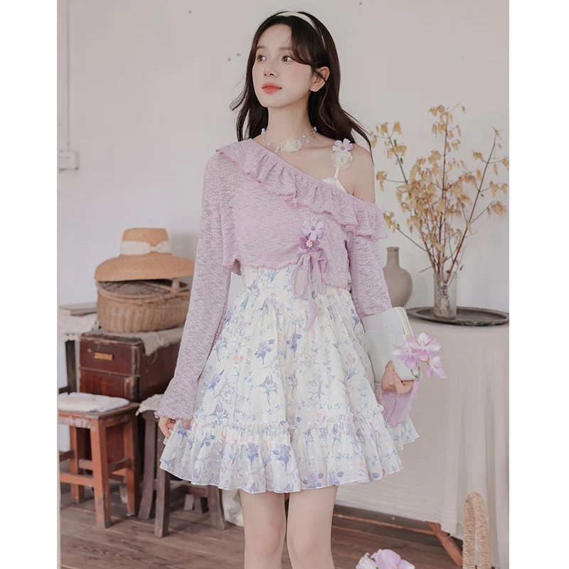 

Оригинальный дизайн, фиолетовый комплект из двух предметов с цветочным принтом: короткая юбка и топ без бретелек, женская модная осенняя коллекция