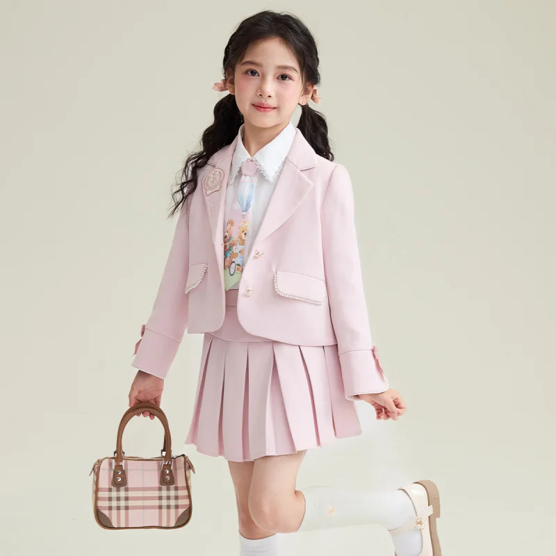 Girls Spring and Autumn New Style Pink Blazer Pleated Skirt Fashion Two-piece Set