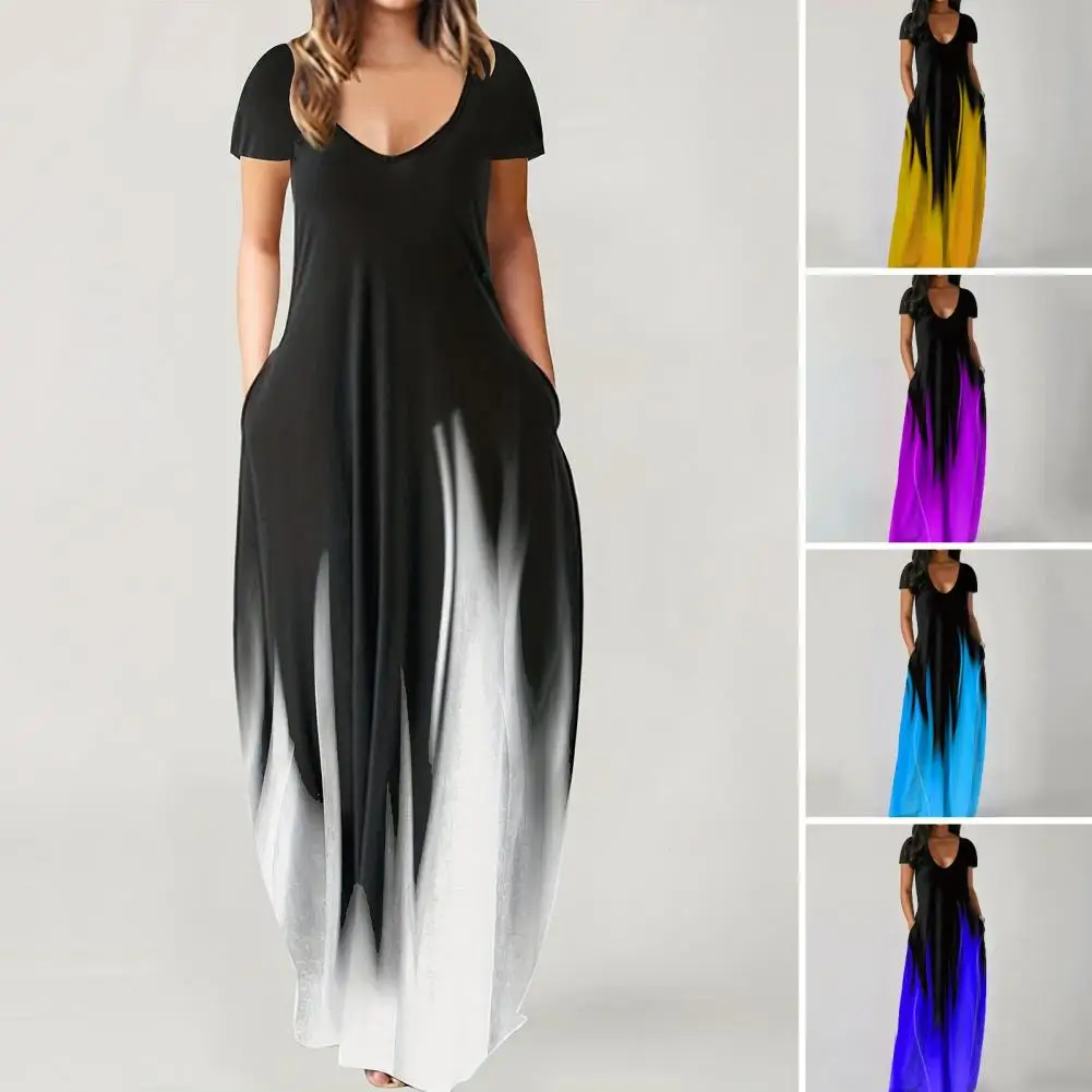 Frauen Sommerkleid Low-Cut V-Ausschnitt Kurzarm Farbverlauf Boho Beach lange Sommerkleid Tasche boden lang atmungsaktives Maxi kleid