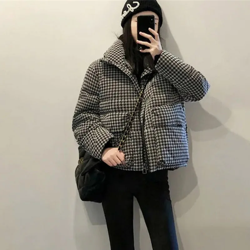 Women Thousand Bird Grid Down Cotton Outwear Autumn Winter Female Thin Cotton Padded Coat Korean Lady Long Sleeves Puffer Jacket