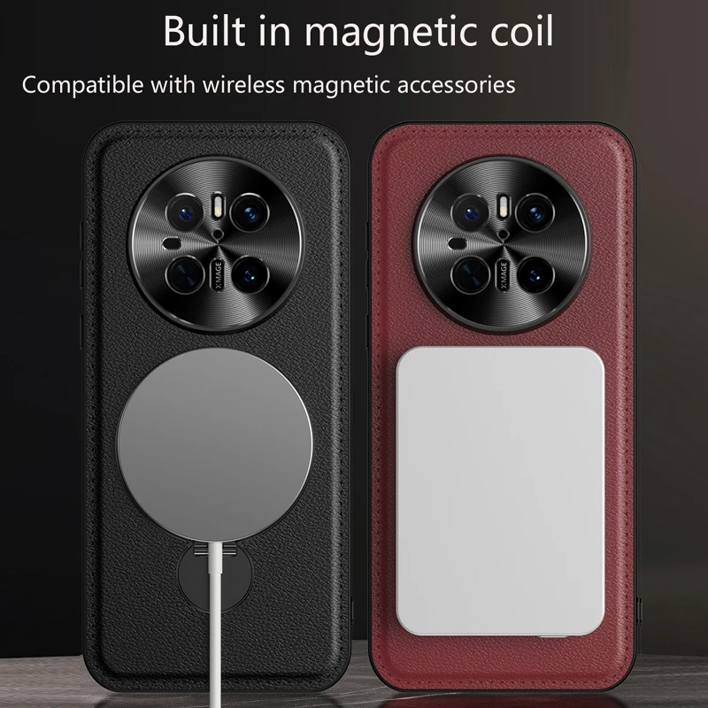 

For Huawei Mate 50 60 40 70 Pro Leather Phone Case Magnetic Wireless Charging Lens Protection Silicone Cover Cases Metal Holder
