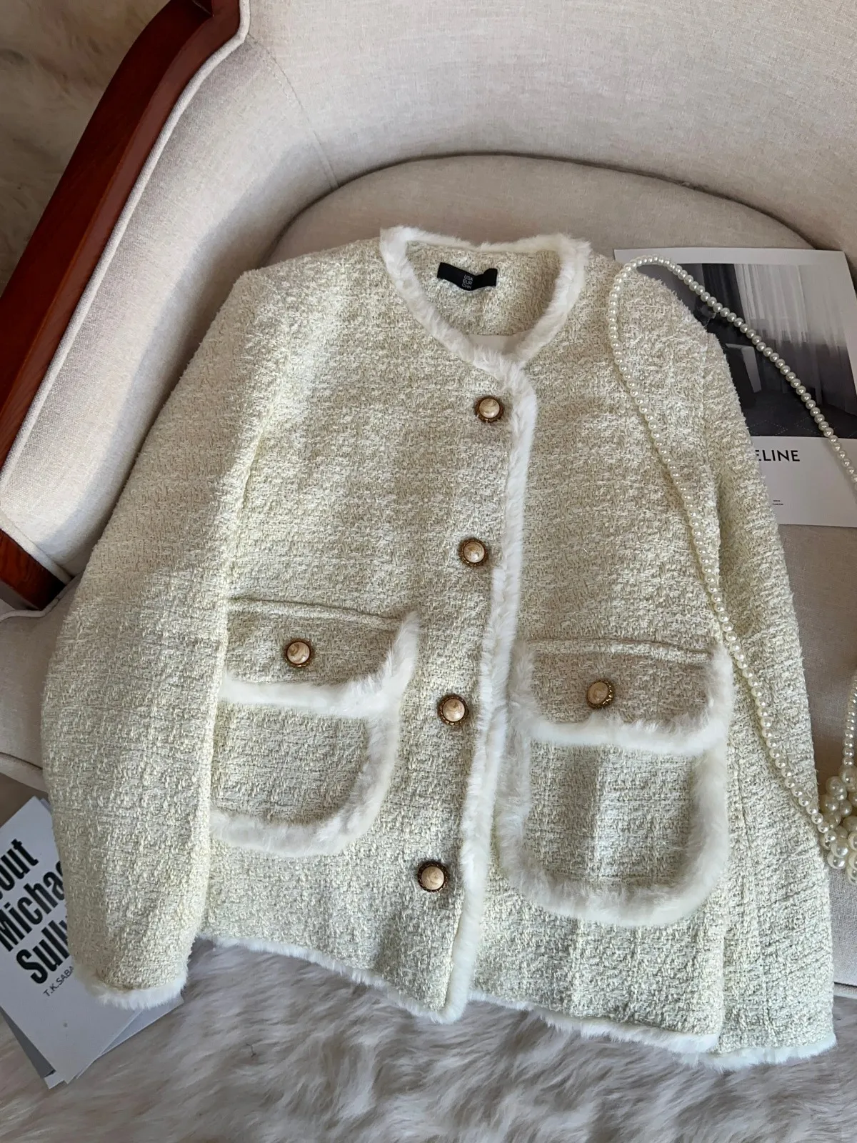 Unieke, niet-gematchte damesjas, winterjas van gewatteerd katoenen flanel, A58630, losvallende pasvorm, ronde hals.