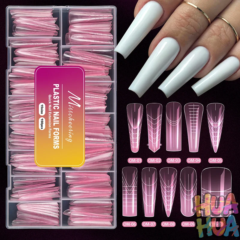 2025 هوا YY 150 قطعة أشكال مزدوجة لجل الأظافر أشكال أظافر ناعمة قوالب أكريليك غطاء كامل أظافر صناعية نصائح مانيكير تمديد هوا هوا