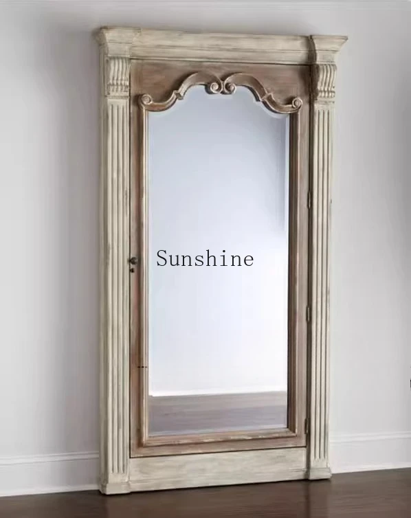 American retro solid wood with storage floor mirror living room decoration clothing store