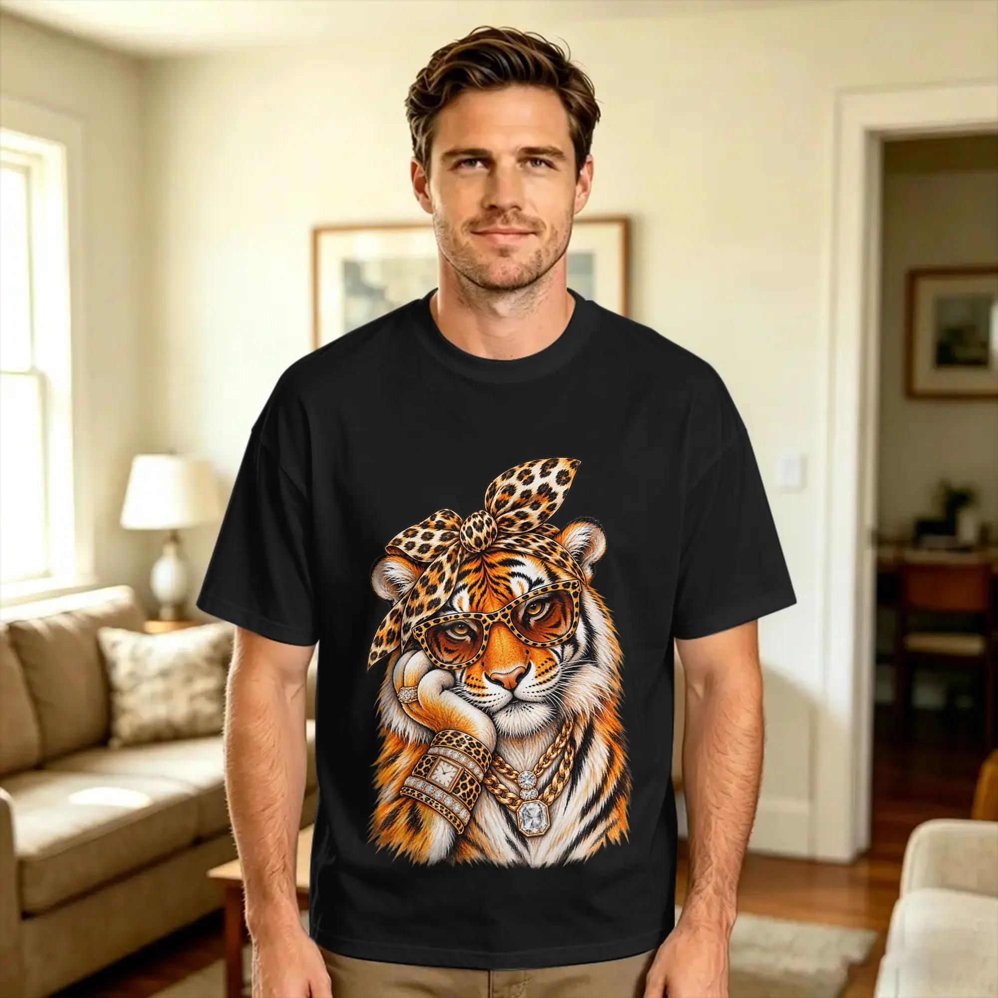 Casual T Shirt Summer Bling Tiger Leopard Bow Big Cat Fashion Hip Hop T-Shirts Cotton Tshirt for Men Aesthetic Short Sleeve Tees