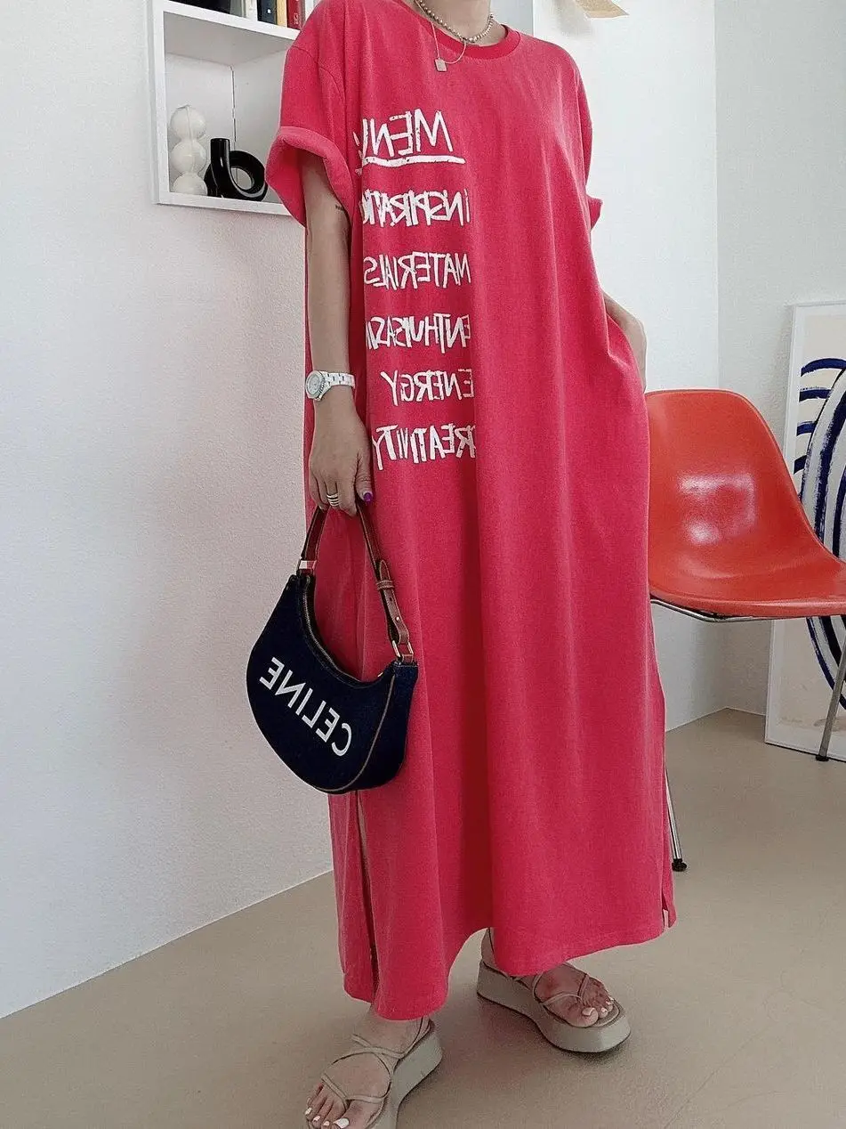 plus Size Summer New Lazy Letter Print Design Loose Long T-Shirt Dress Women High Waist Polyester Fiber Outdoor Wear Spring