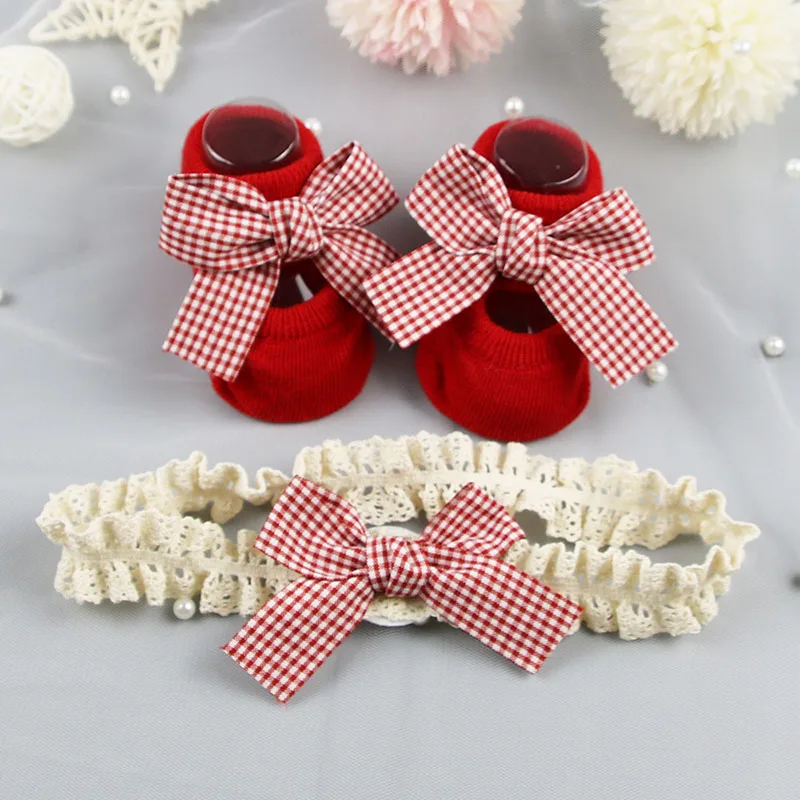 2Pcs/Set Korean Baby Headband Socks Red BowKnot Girl Hair Band Lovely Dot Striped Plaid Bows Infant Sock Kid Hair Accessories