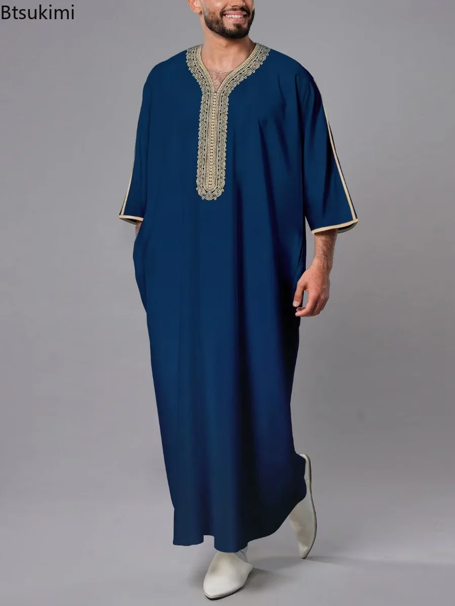 Ethnic Style Kandouras Thobe for Men Jabador Gandoura Side Pockets Embroidery Abaya Long Sleeve Muslim Kaftan Vintage White Robe