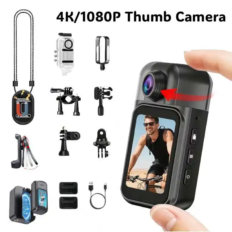 

4K/1080P Thumb Action Camera 180° Rotating Lens Touch Screen Wearable Sports Camera Anti-shake Vlog Recorder for Hiking Cycling