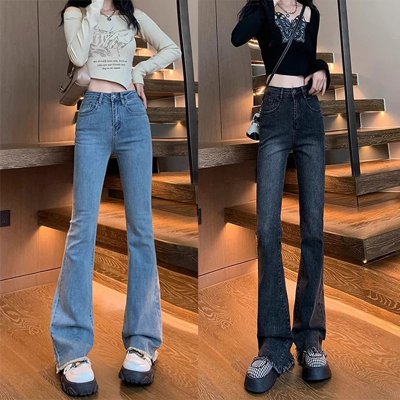 

Woman High Waist Baggy Flare Jeans Girls High Street Bell Bottom Pants Female Fashion Slim Fit Blue Black Gray Denim Trousers