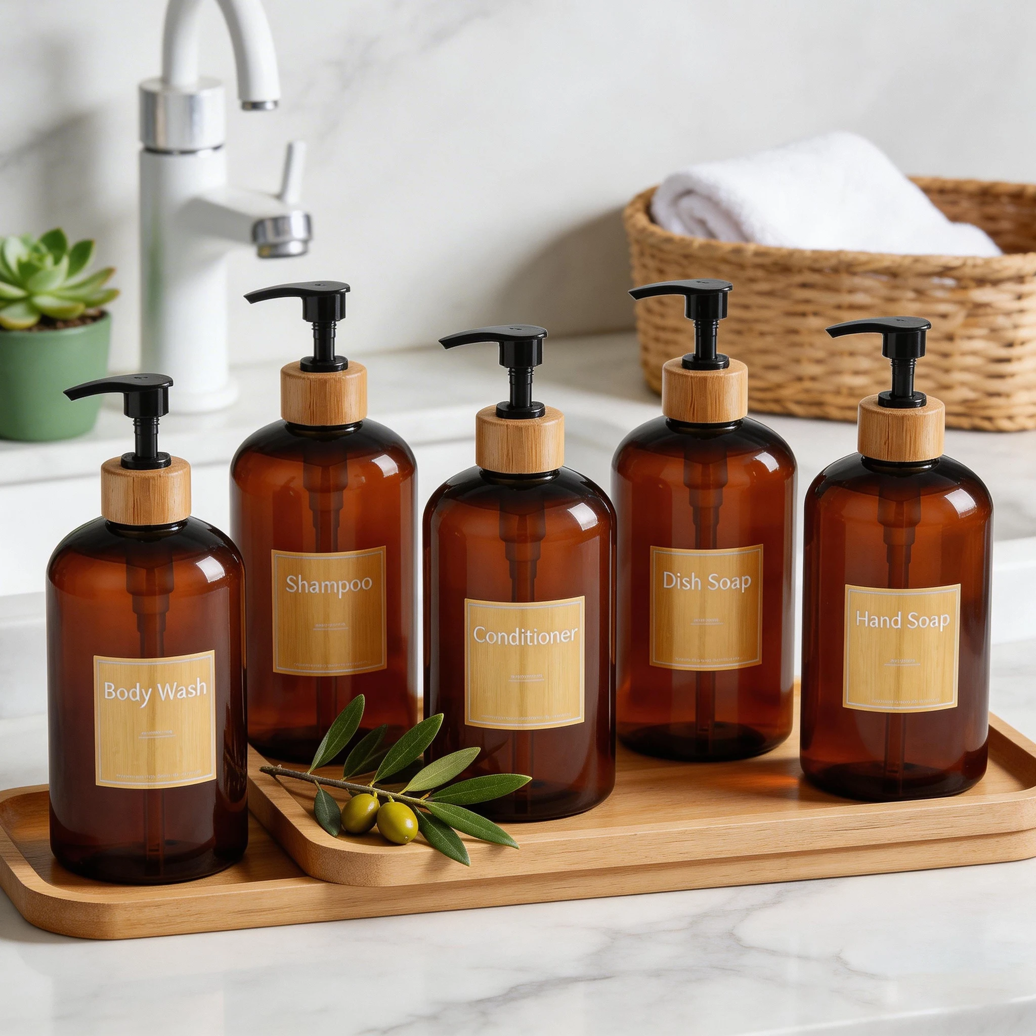 

5Pcs Bathroom Shower Dispenser, Shampoo Conditioner Dish and Hands Soap Bottle for Bath & Kitchen Decor
