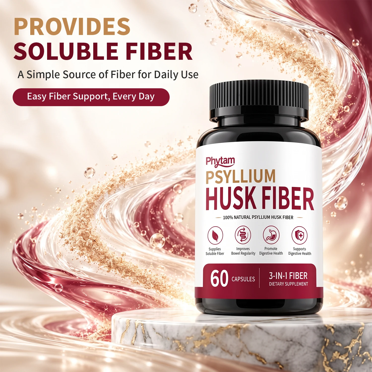 Psyllium Husk Fiber Capsules 60 Count Natural Soluble Fiber Daily Dietary Supplement for Digestive Wellness Support
