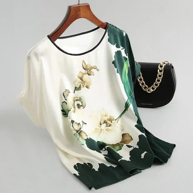 Print Floral Blouse Women Silk Satin Blouses Plus size Batwing sleeve Vintage Ladies Casual Short sleeve Tops