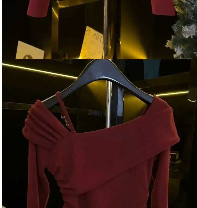 Slanted Shoulder Chain One Piece Collar Elegant and Luxurious Design Long Sleeved Top Women\'s Versatile Base Shirt