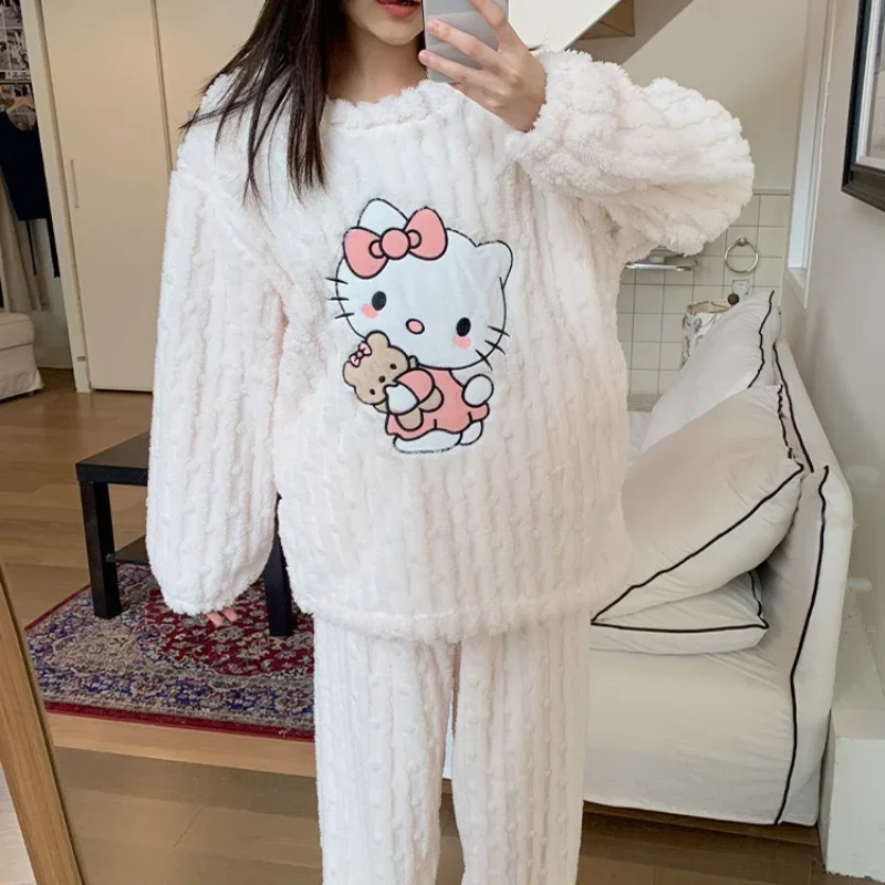 Cartoon Sanrio Hello Kitty Pajamas Winter Cotton Loungewear Crew Neck Long Sleeve Pants Casual Two-piece Women\'s Pajamas