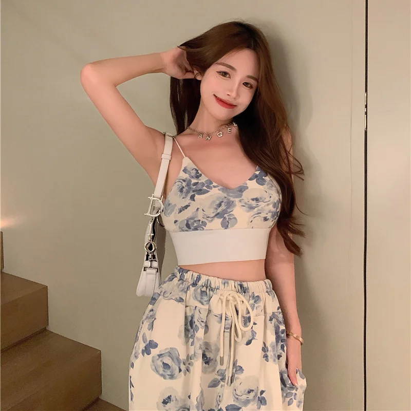 Summer New Leisure Sports Set Korean Women's Open Back Short Strap Camisole High Waist Wide Leg Pants Floral Print Two Piece Set