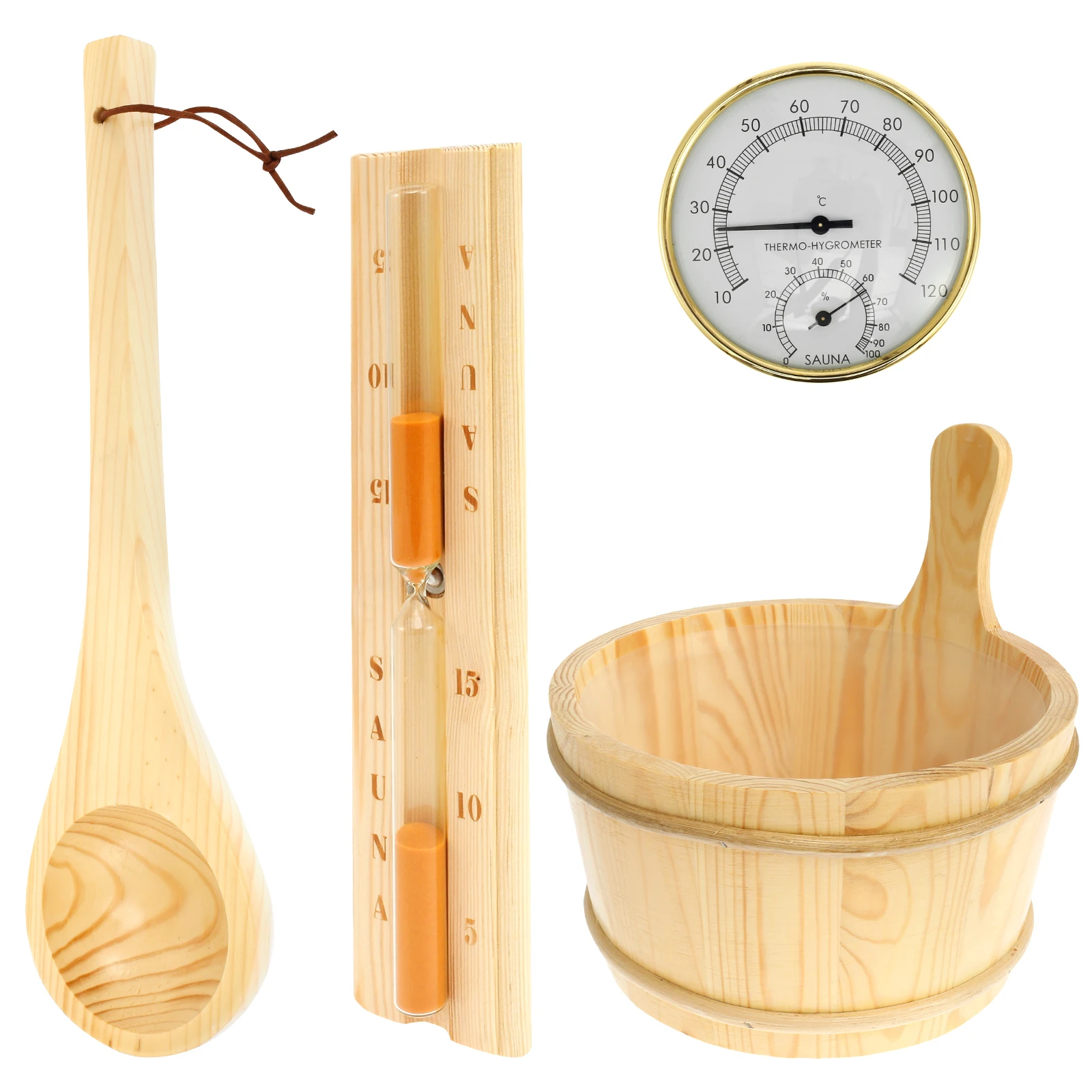 4Pcs Set Sauna Accessories Wood Sauna Bucket Sauna Spoon with Handle Design 2 in 1 Sauna Thermometer&Hygrometer Hourglass Timer