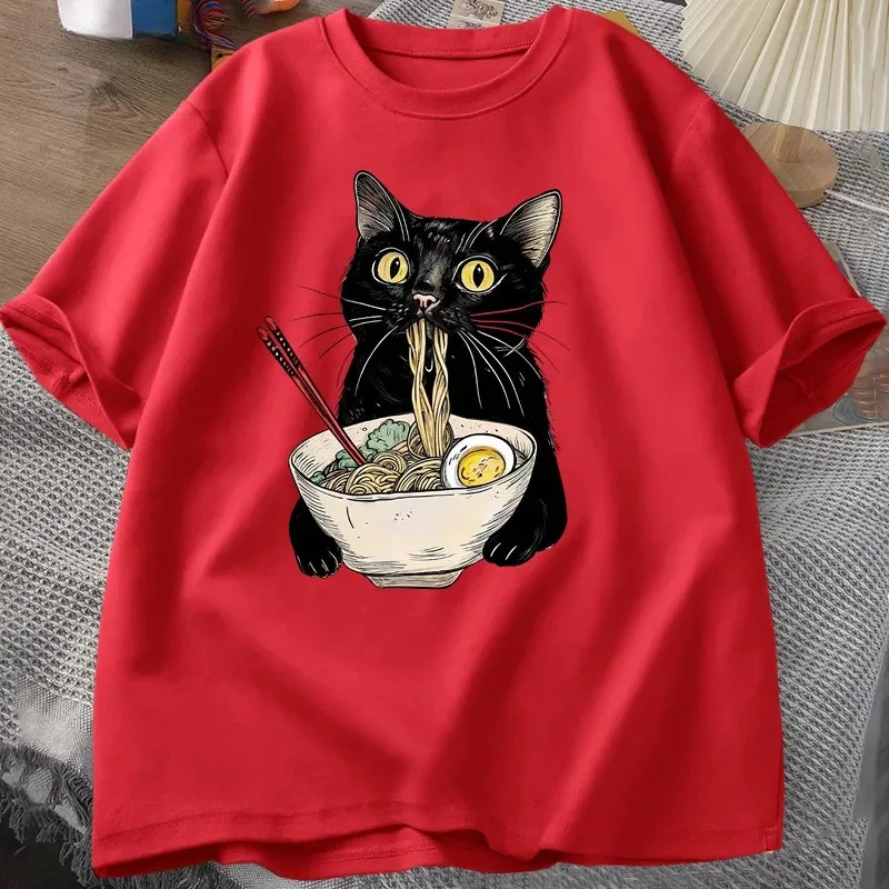 Summer Women Basic Short Sleeve Tee Cartoon Black Cat Ramen Print Crew Neck Casual Daily T Shirt