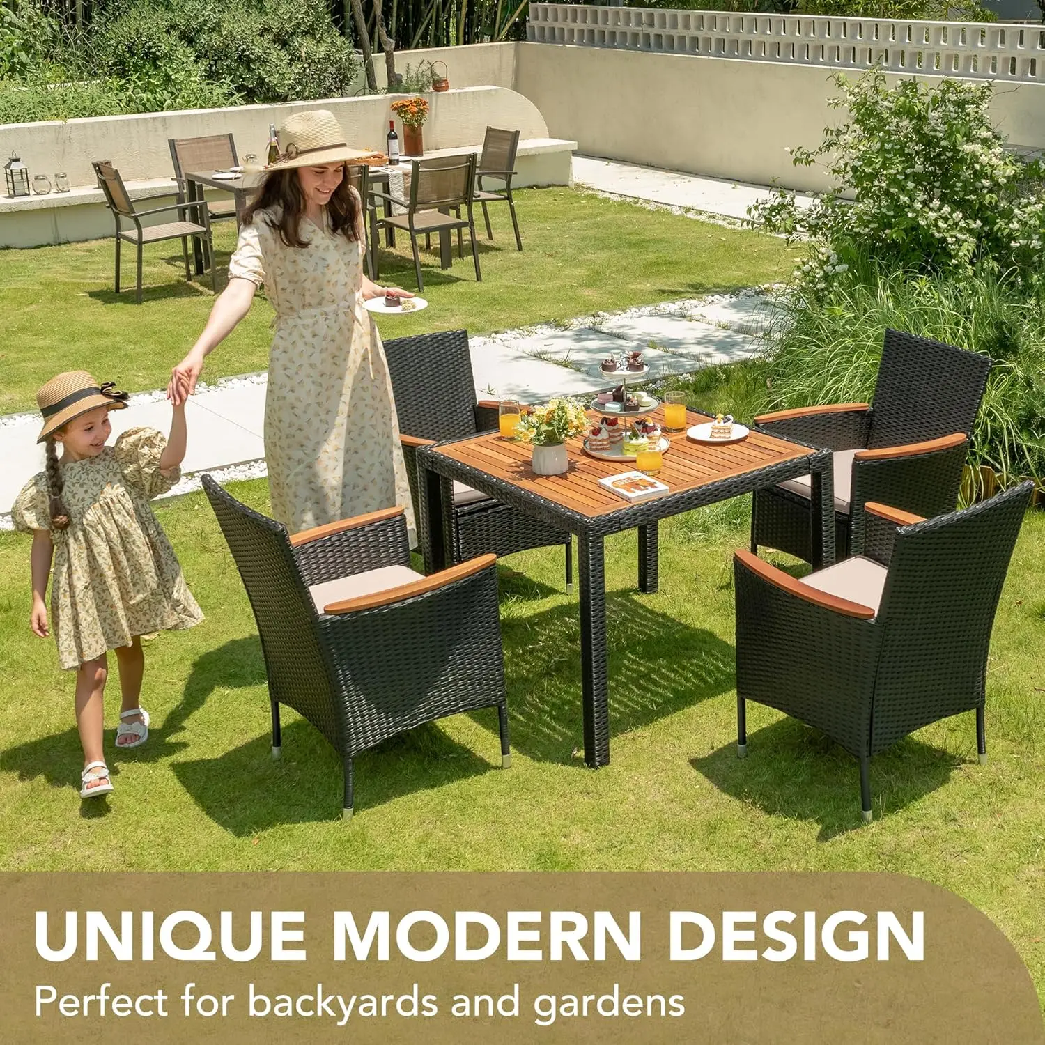 5 PCS Furniture Patio Conversation Set with Acacia Wood Top Rattan Outdoor Dining Table and Chairs for Backyard