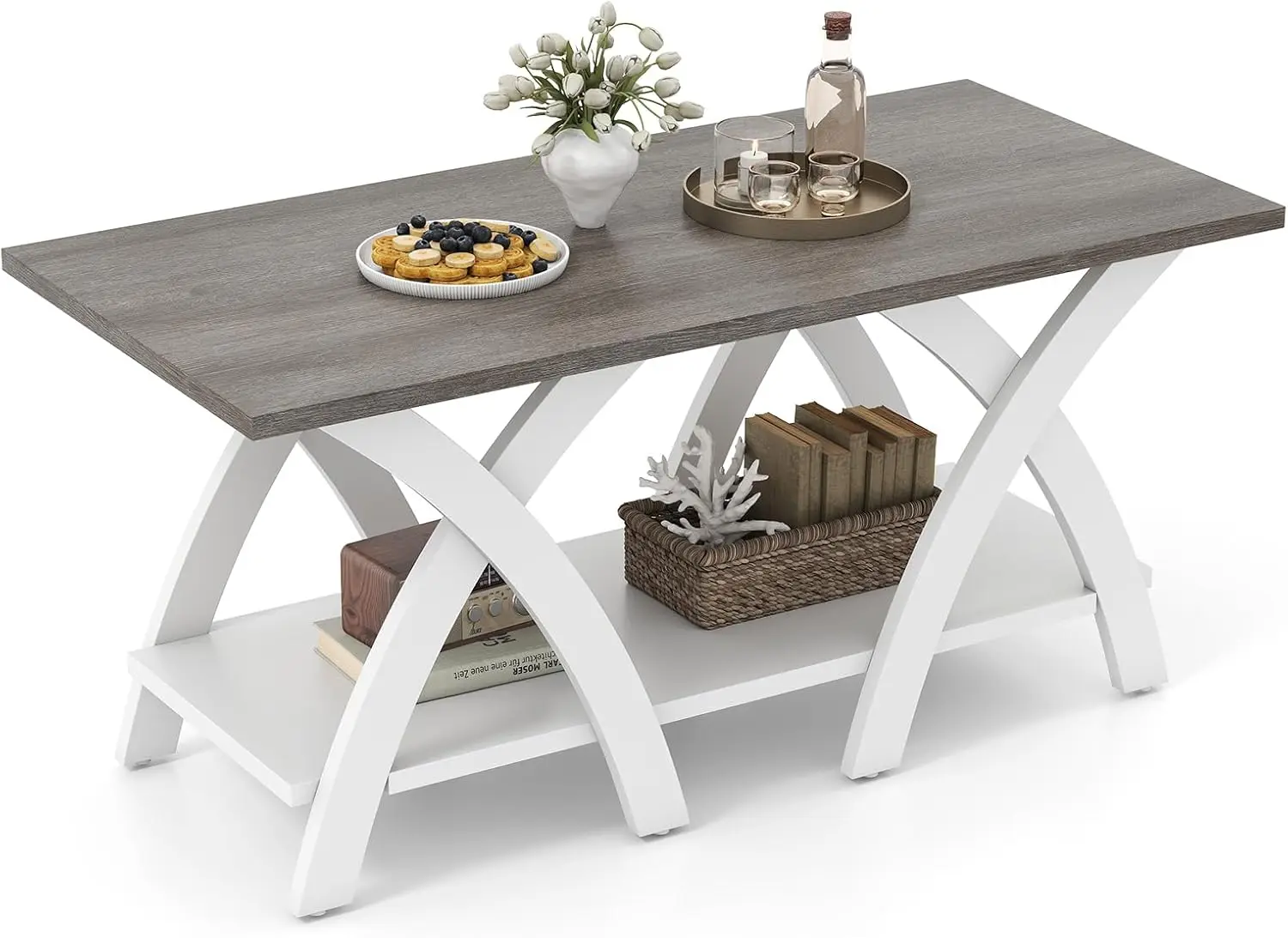 

40" Farmhouse 2-Tier Coffee Table - Grey Oak&White Rectangular Wood Center Table with Storage Shelf, X-Shaped Legs