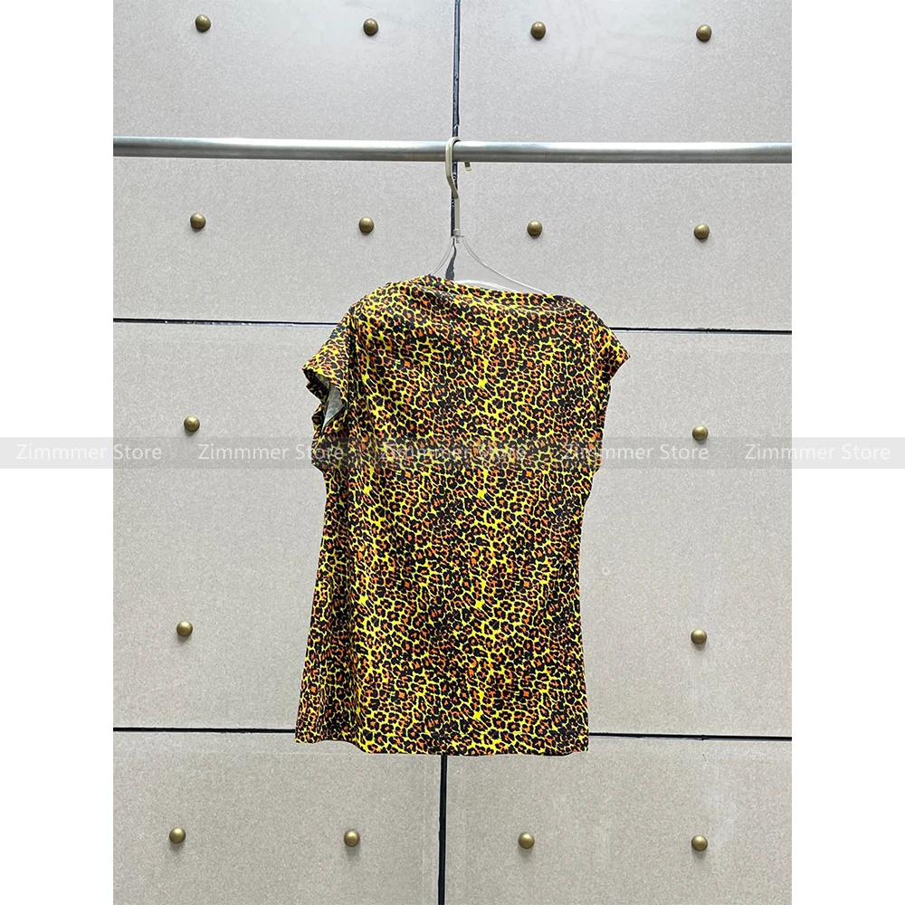 Niche Design Round Neck One Shoulder Short Sleeve Sexy Clashing Leopard Print Tee Tops Women Summer 2024