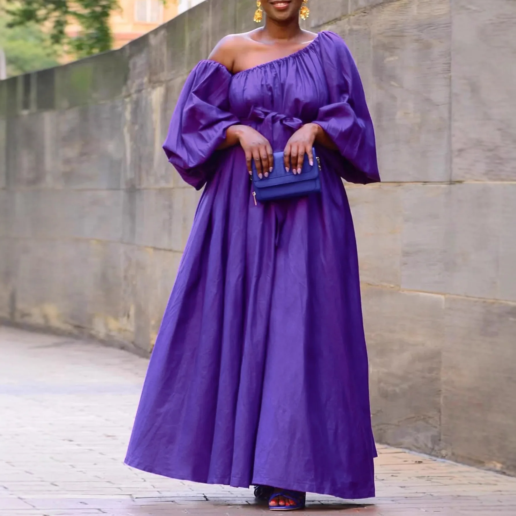 Elegantes Kleid in Übergröße mit Schräghalsausschnitt, Laternenärmel, solide Party, Hochzeit, Gast, plissiert, A-Linie, hohe Taille, langes Kleid für Damen