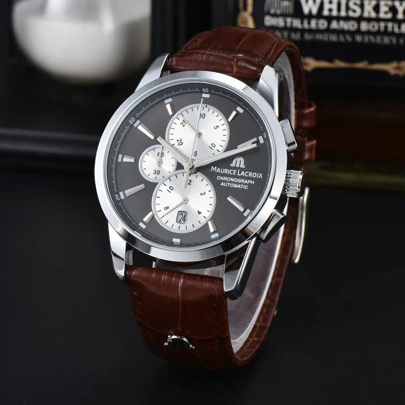 Quartz Watch Multifunctional Timing Series Men's Casual Watch 40.5mm Dials with 6 O'clock Calendar Function Leather Strap 3ATM