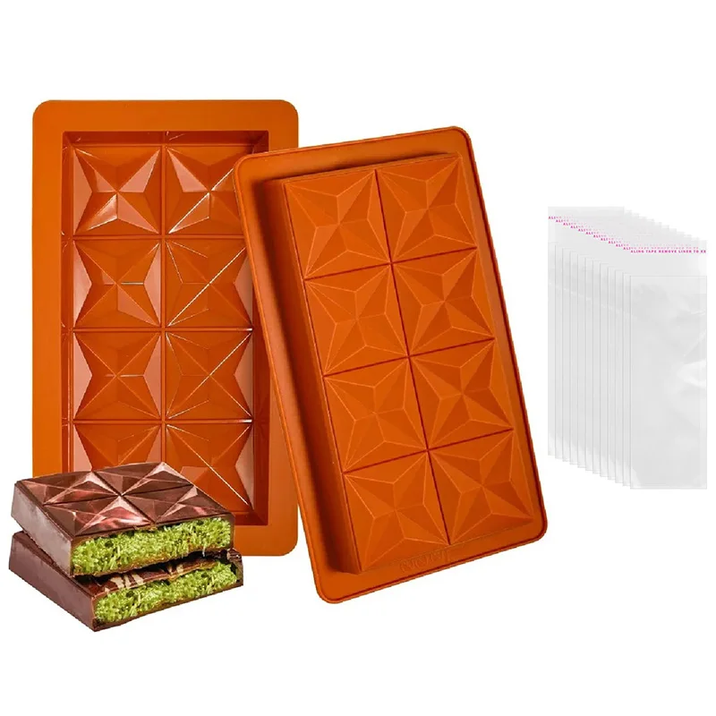 Rectangle Chocolate Bar Silicone Mold Energy Bar Maker for Break Apart Chocolate Diamond Candy Mould with 10Pcs Bags