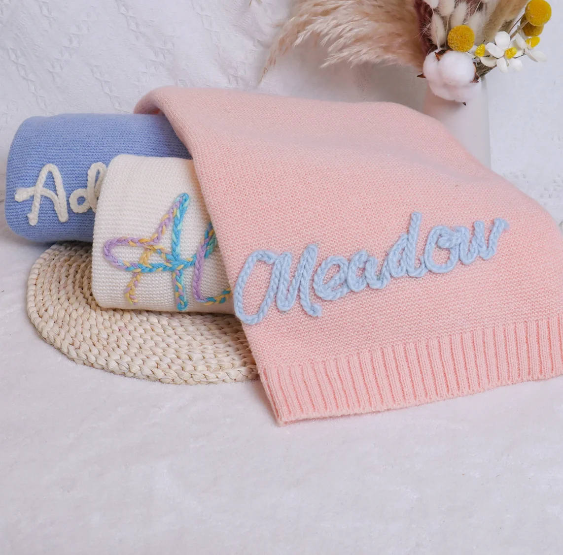 Personalized Baby Blanket with Name, Custom Soft Knit Baby Blanket with hand Embroidery Patterns, ShowersNewborn Nurserie