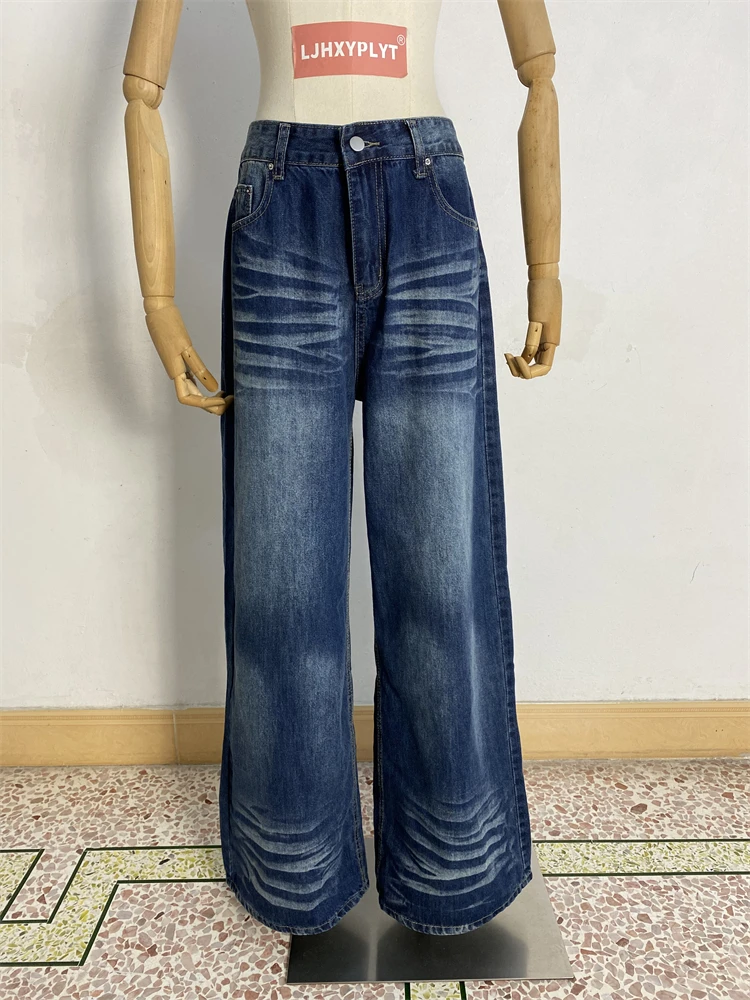 

Женские синие прямые мешковатые джинсы в стиле ретро, уличные брюки с эффектом усов, крутые штаны для девочек, женские широкие брюки с высокой талией