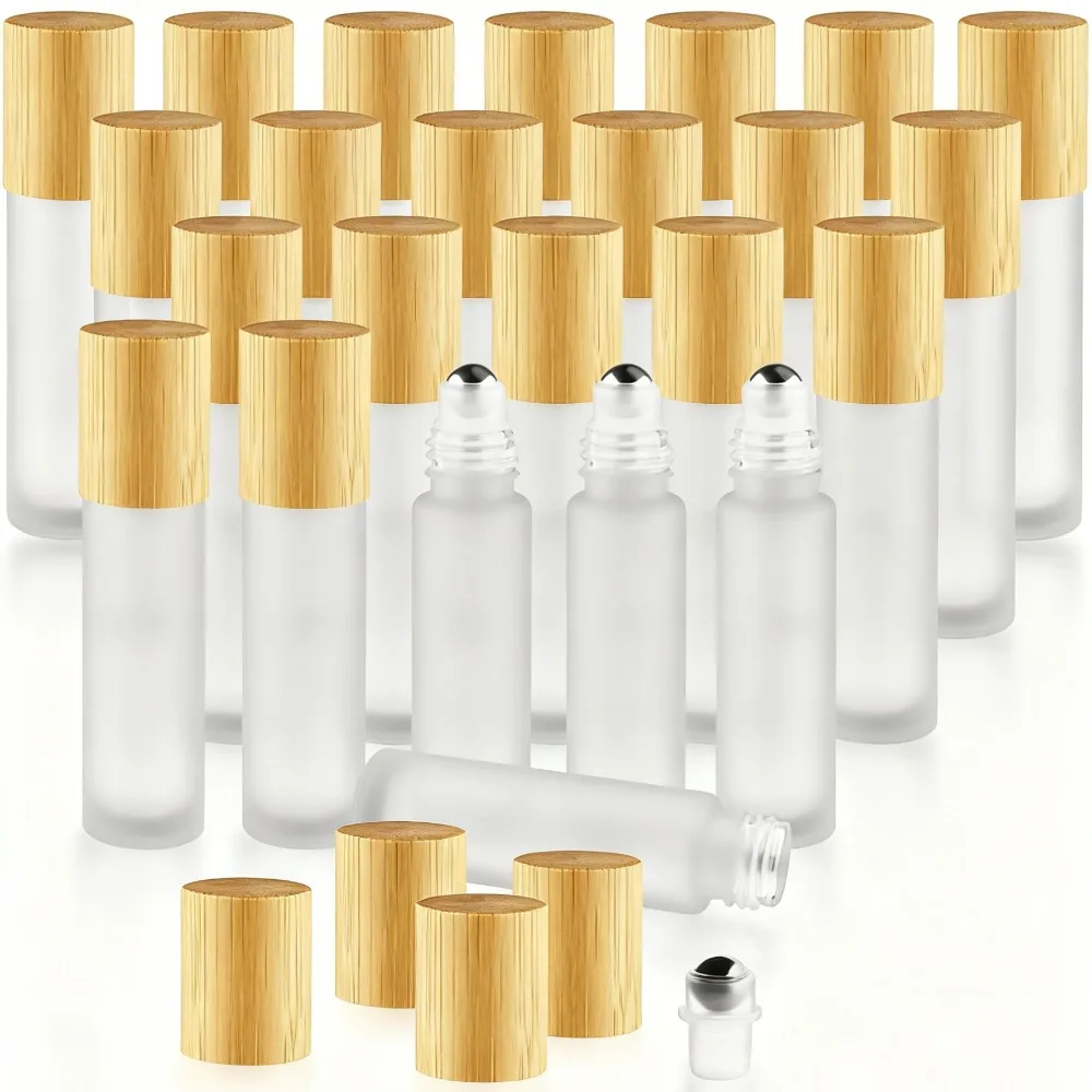 20 Stück Ätherische Öle Rollerflaschen aus Glas 10ml Nachfüllbarer Behälter mit Bambusdeckel Stahlkugeln Reise-Parfüm-Aufbewahrung – Detail 1