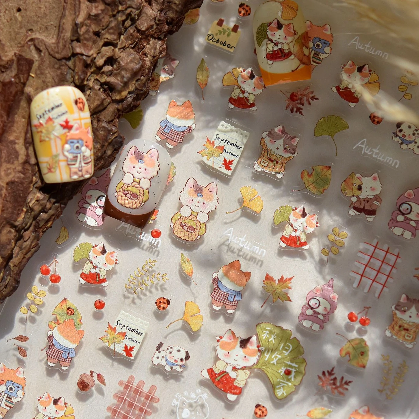 Herfst ontbladering Ginkgo blad esdoorn bladeren herfst fruit dennenappel lieveheersbeestje kersen puppy gird kat nail art stickers manicure stickers