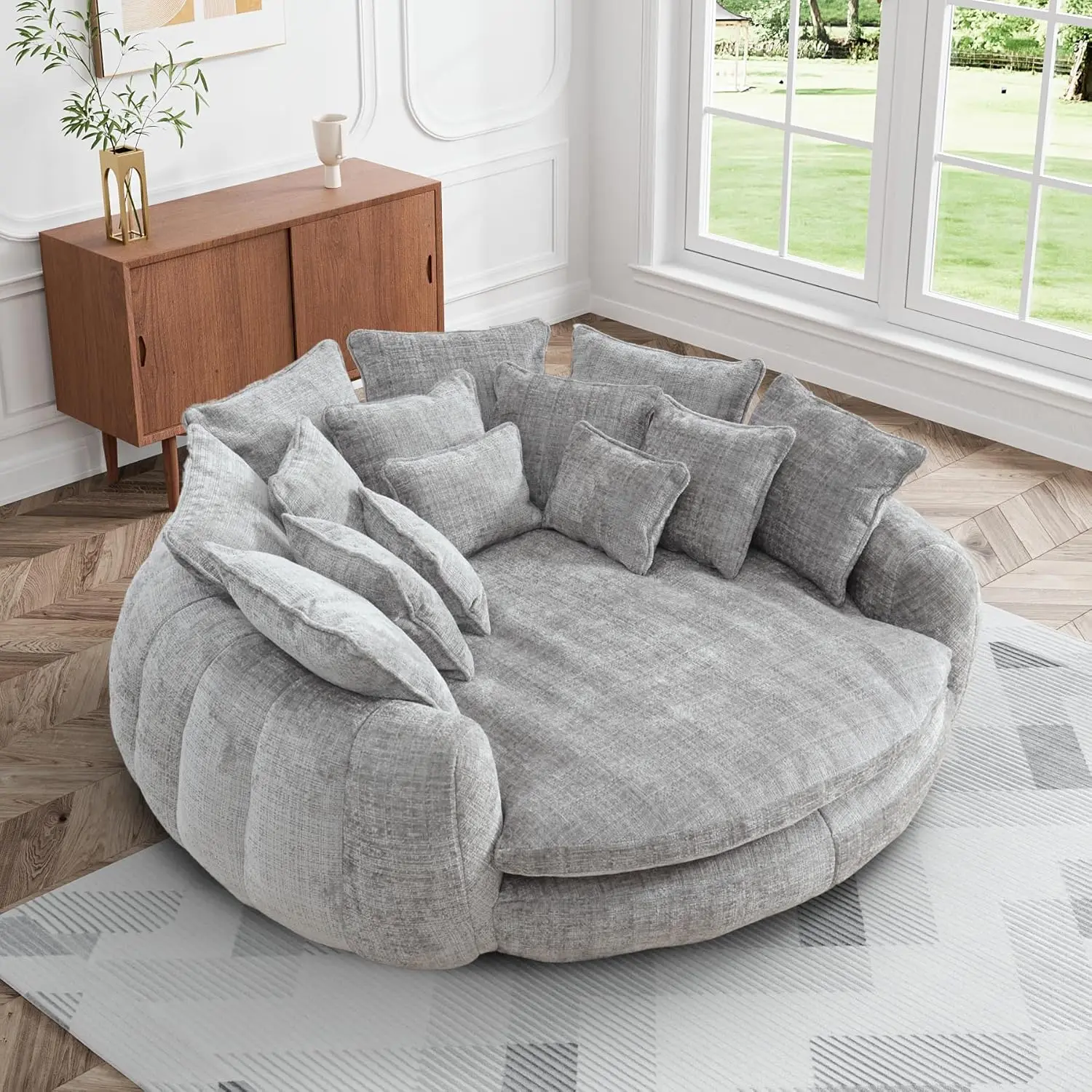Chaise longue ronde surdimensionnée de 81,1 po de large, canapé pouf moelleux avec 14 coussins, faut