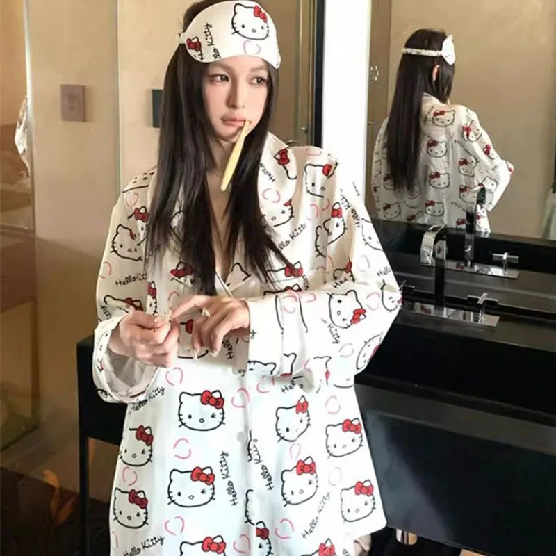 

Популярный пижамный комплект Hello Kitty's, женские брюки с длинными рукавами с героями мультфильмов, свободная женская домашняя одежда из двух предметов, одежда для сна для студенток, подарок