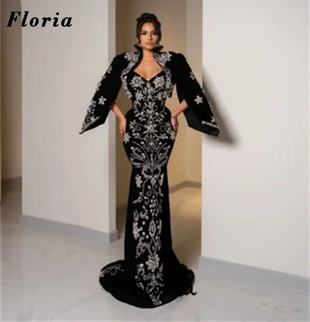 

Embroidery Black Beading Evening Dresses Arabic Cape Sleeves Women Birthday Party Guest Gowns Customized Crystals Prom Dress