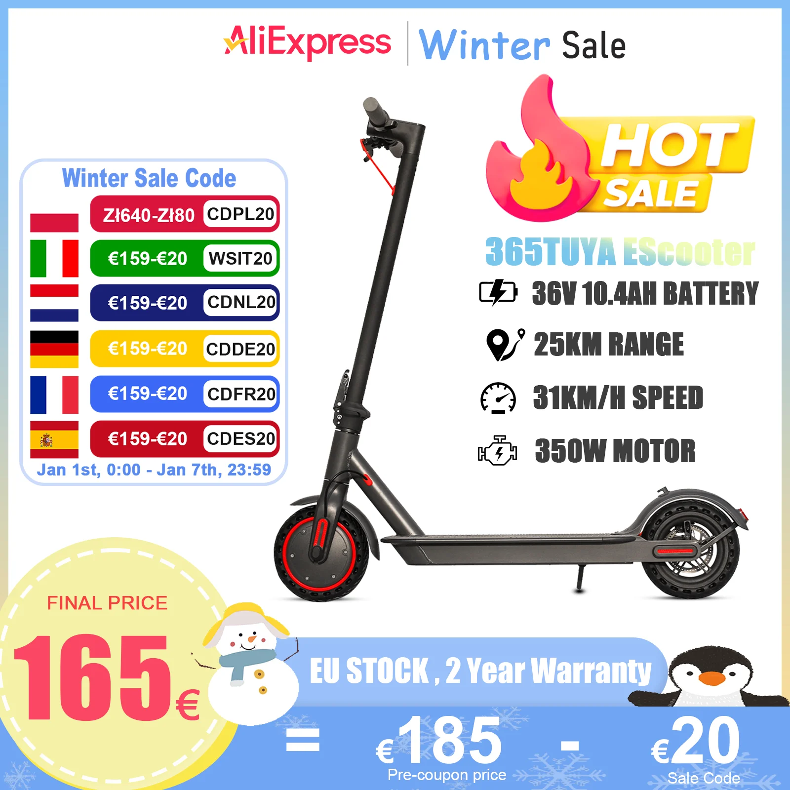 AOVOPRO 365TUYA Adult Electric Scooter Max speed up to 31km/h Long range 25KM 36V 10.4Ah high capacity battery Foldable With APP