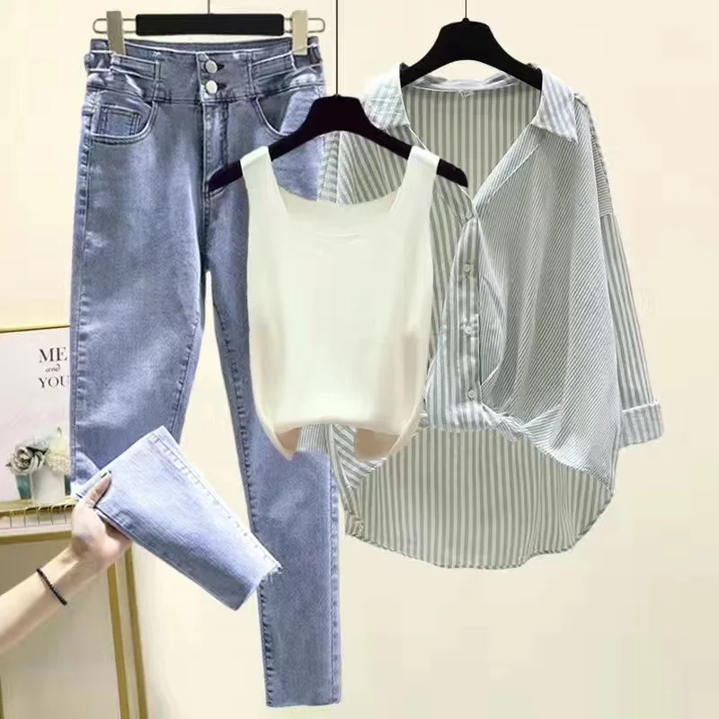 2022 South Korea New Large Women\'s Spring and Autumn Suit Elegant Women\'s Stripe Shirt Small Slim Slim Jeans Three Piece Set