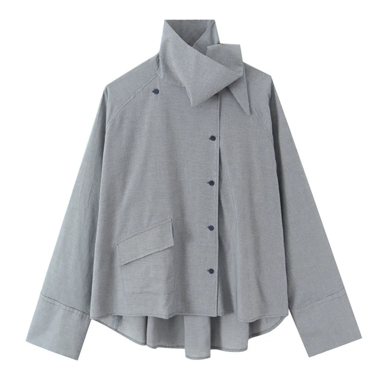 

Рубашка женская повседневная с длинным рукавом, однобортная, с воротником-стойкой, свободного кроя, в клетку, с асимметричным вырезом, весна-осень 2026