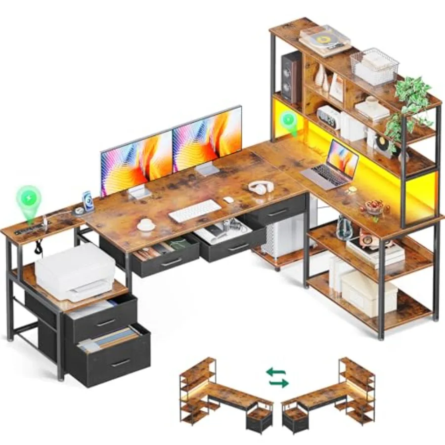 L Shaped Desk with 5 Drawers, LED Light and 2 Power Outlets