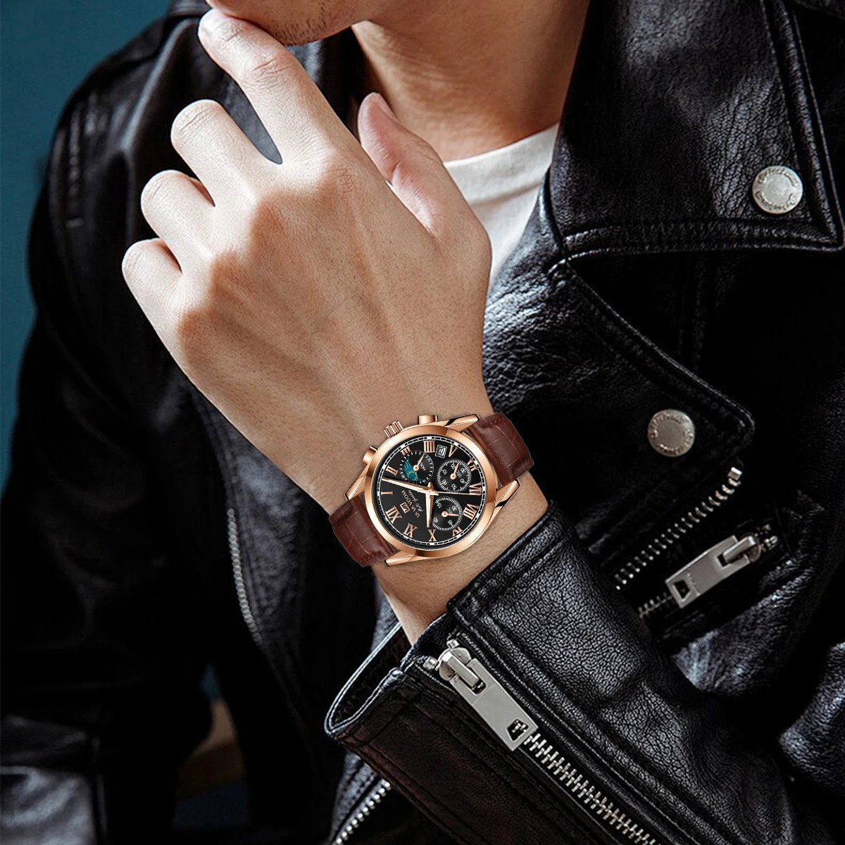 ساعة للرجال على الطراز العسكري، متعددة الوظائف، ساعة توقيت ليلية، ضوء نجمة القمر، ساعات جلدية عصرية للجري