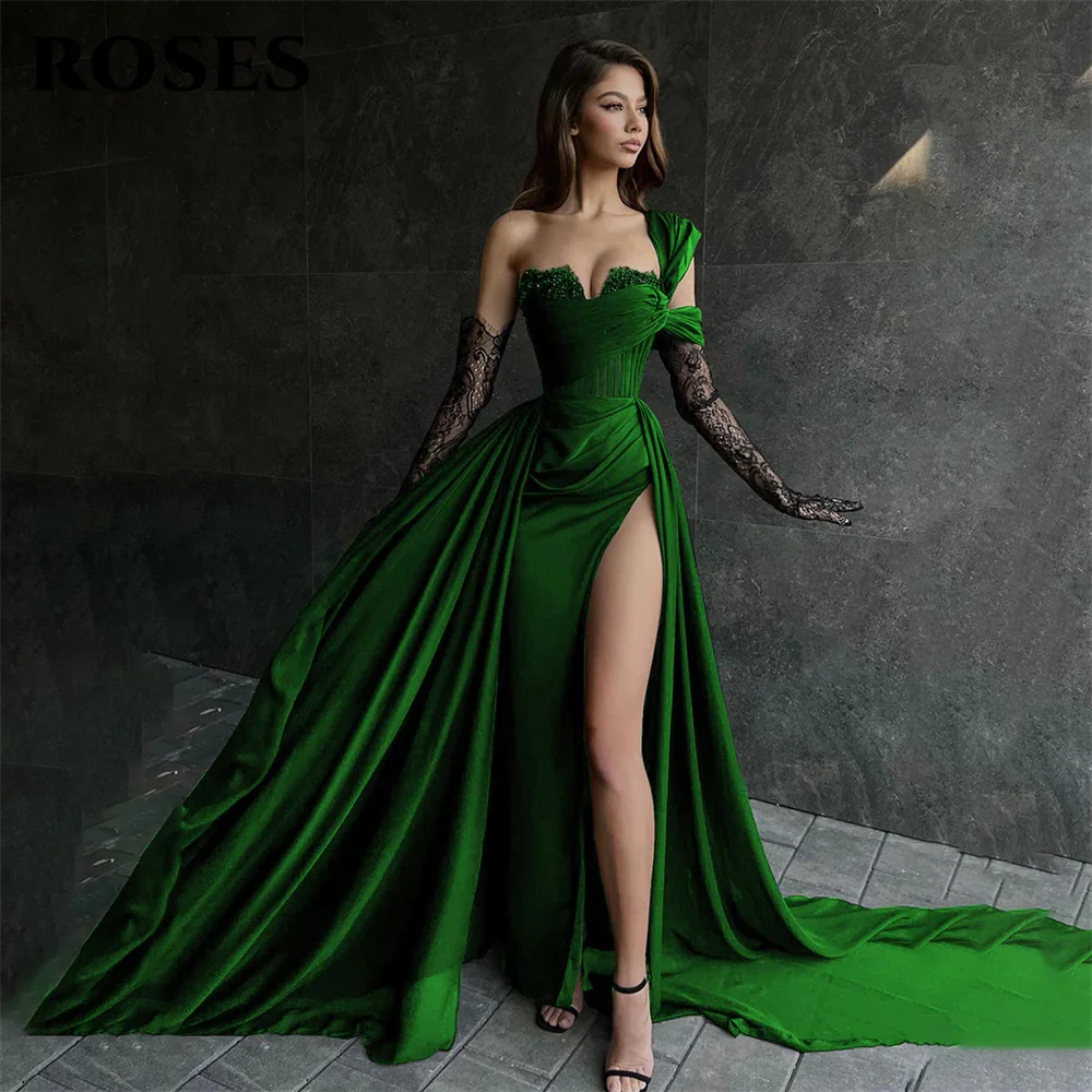 ROSES Red Side High Split Mermaid Evening Dresses One Shoulder Prom Dresses Sweetheart Stain Formal Occasion Dress Customized