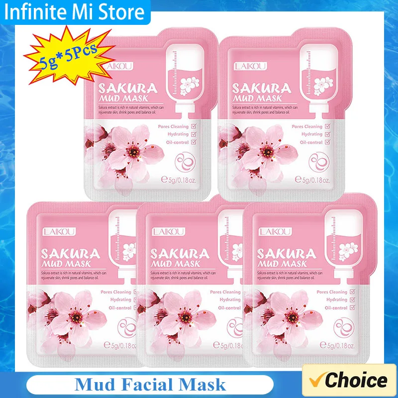 5pcs Japan Sakura Mud Face Mask Deep Cleansing Oil-Control Clay Mask Moisturizing Packs Facial Skin Care