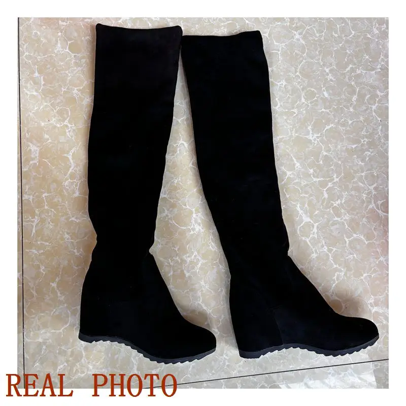 ORCHA LISA Autumn Winter Women\'s Fashion Solid Colors Warm Over The Knee Long Boots 44 High Boots Round Toe Wedges Shoes F1296