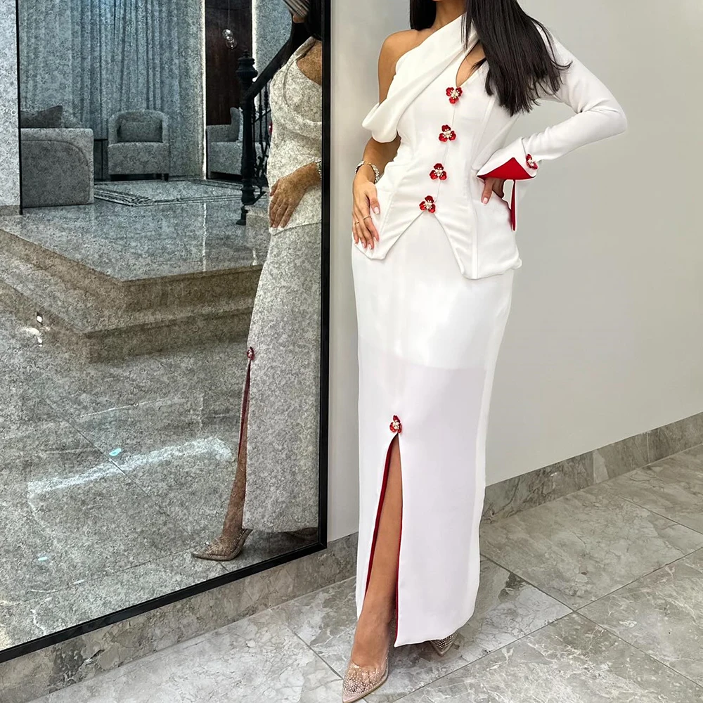 

Customized Straight Evening Dresses Ankle-length One-shoulder Full Sleeve Prom Gown Simple Fashion Beading Flowers Party Gown